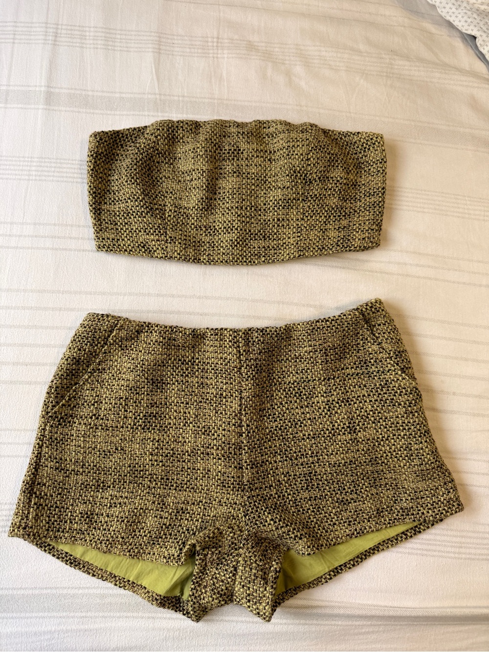 Le Lis Olive Green High-Waist Woven Shorts and cropped top